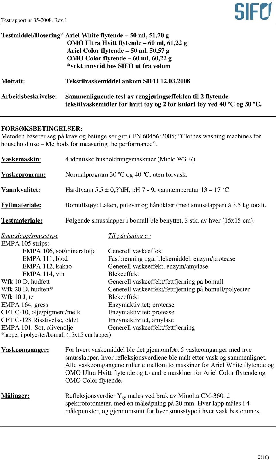 2008 Arbeidsbeskrivelse: Sammenlignende test av rengjøringseffekten til 2 flytende tekstilvaskemidler for hvitt tøy og 2 for kulørt tøy ved 40 ºC og 30 ºC.