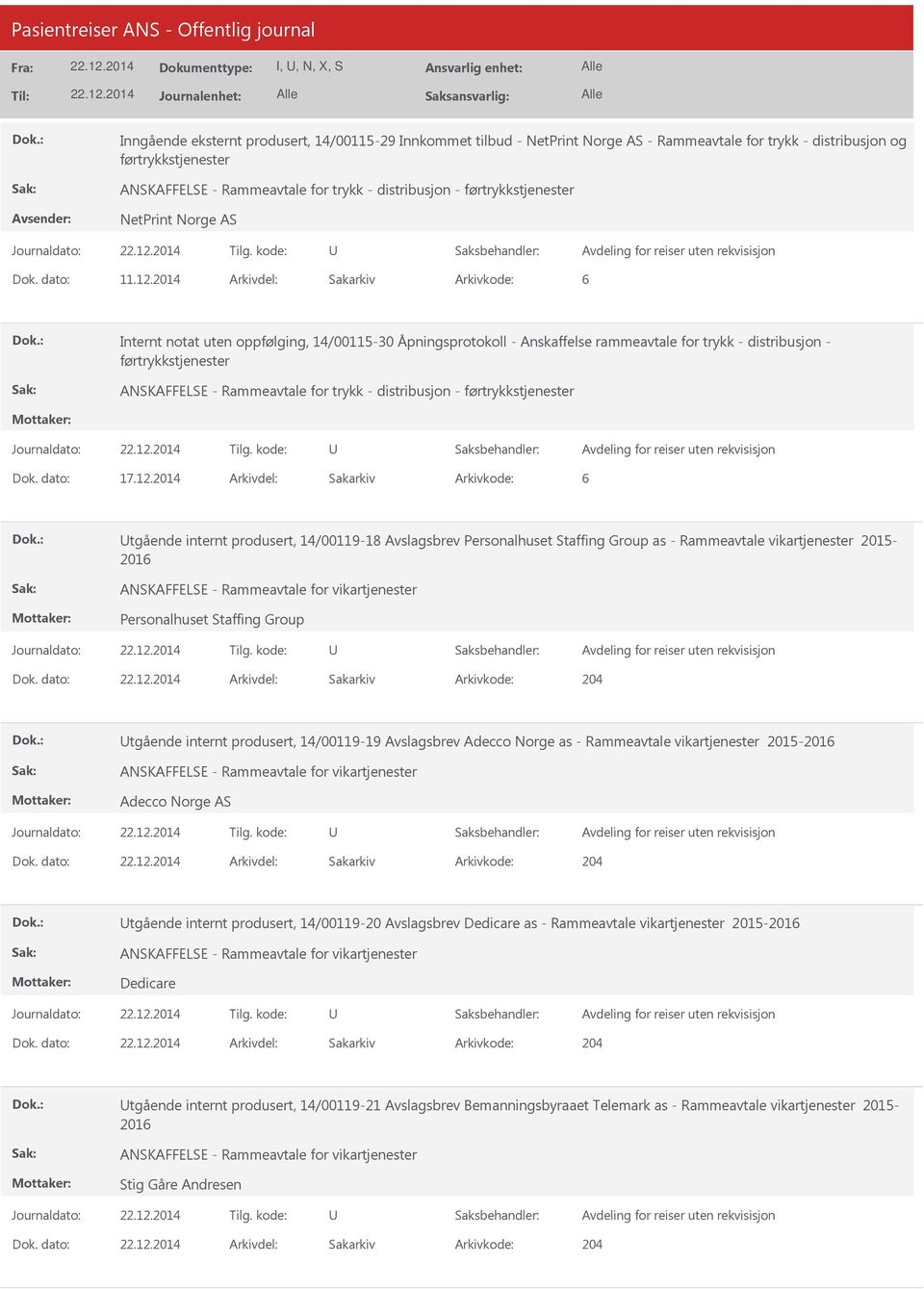 2014 Arkivdel: Sakarkiv tgående internt produsert, 14/00119-18 Avslagsbrev huset Staffing Group as - Rammeavtale vikartjenester 2015-2016 huset Staffing Group Dok.