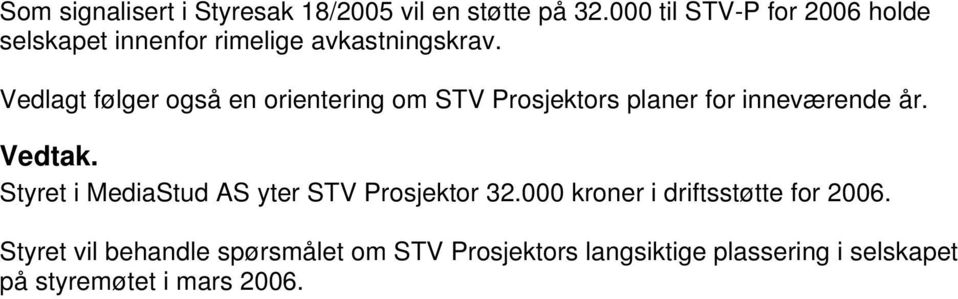 Vedlagt følger også en orientering om STV Prosjektors planer for inneværende år. Vedtak.