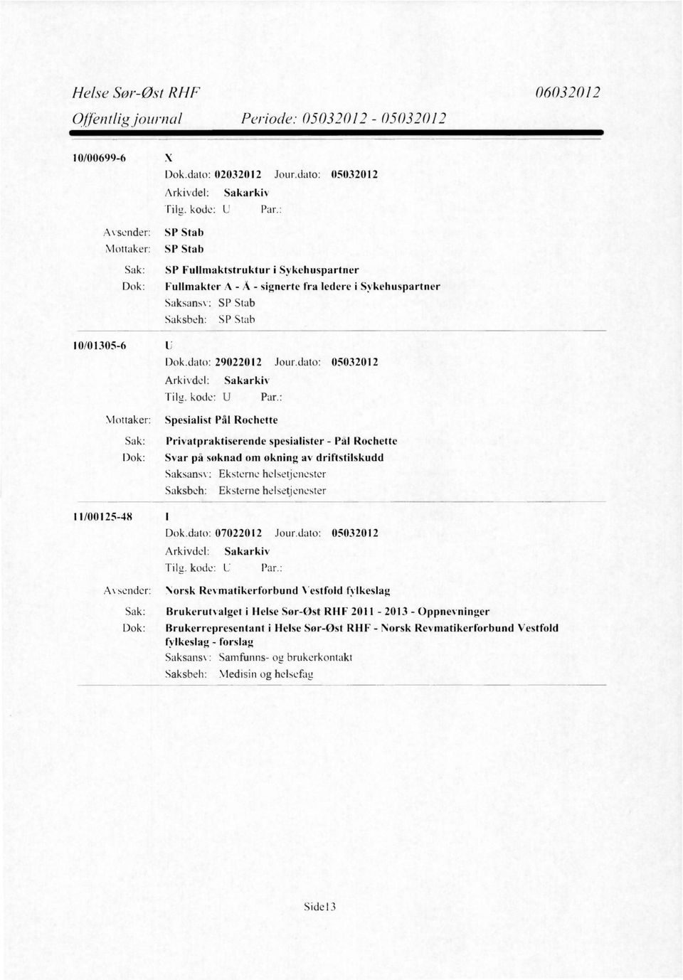 dato: 05032012 Mottaker: Spesialist Pål Rochette Sak: Privatpraktiserende spesialister - Pål Rochette Dok: 11/00125-48 1 Svar på søknad om økning av driftstilskudd Saksansv: Eksterne