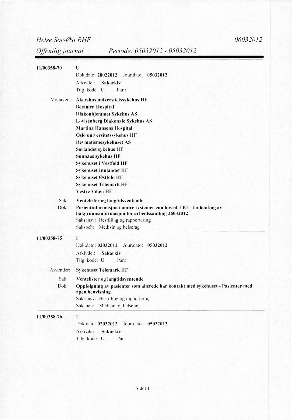 Revmatismesykehuset AS Sørlandet sykehus HF Sunnaas sykehus HF Sykehuset i Vestfold HF Sykehuset Innlandet HF Sykehuset Østfold HF Sykehuset Telemark LIF Vestre Viken HF Sak: Ventelister og