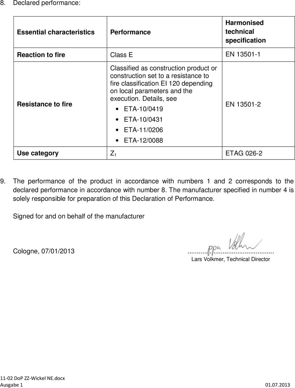 Details, see ETA-10/0419 ETA-10/0431 ETA-11/0206 ETA-12/0088 EN 13501-2 Use category Z 1 ETAG 026-2 9.