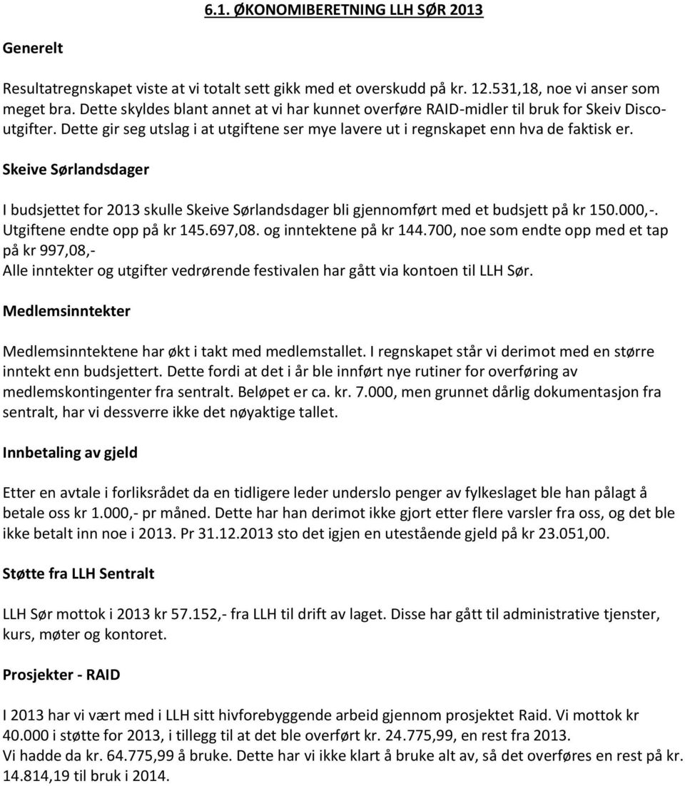 Skeive Sørlandsdager I budsjettet for 2013 skulle Skeive Sørlandsdager bli gjennomført med et budsjett på kr 150.000,-. Utgiftene endte opp på kr 145.697,08. og inntektene på kr 144.