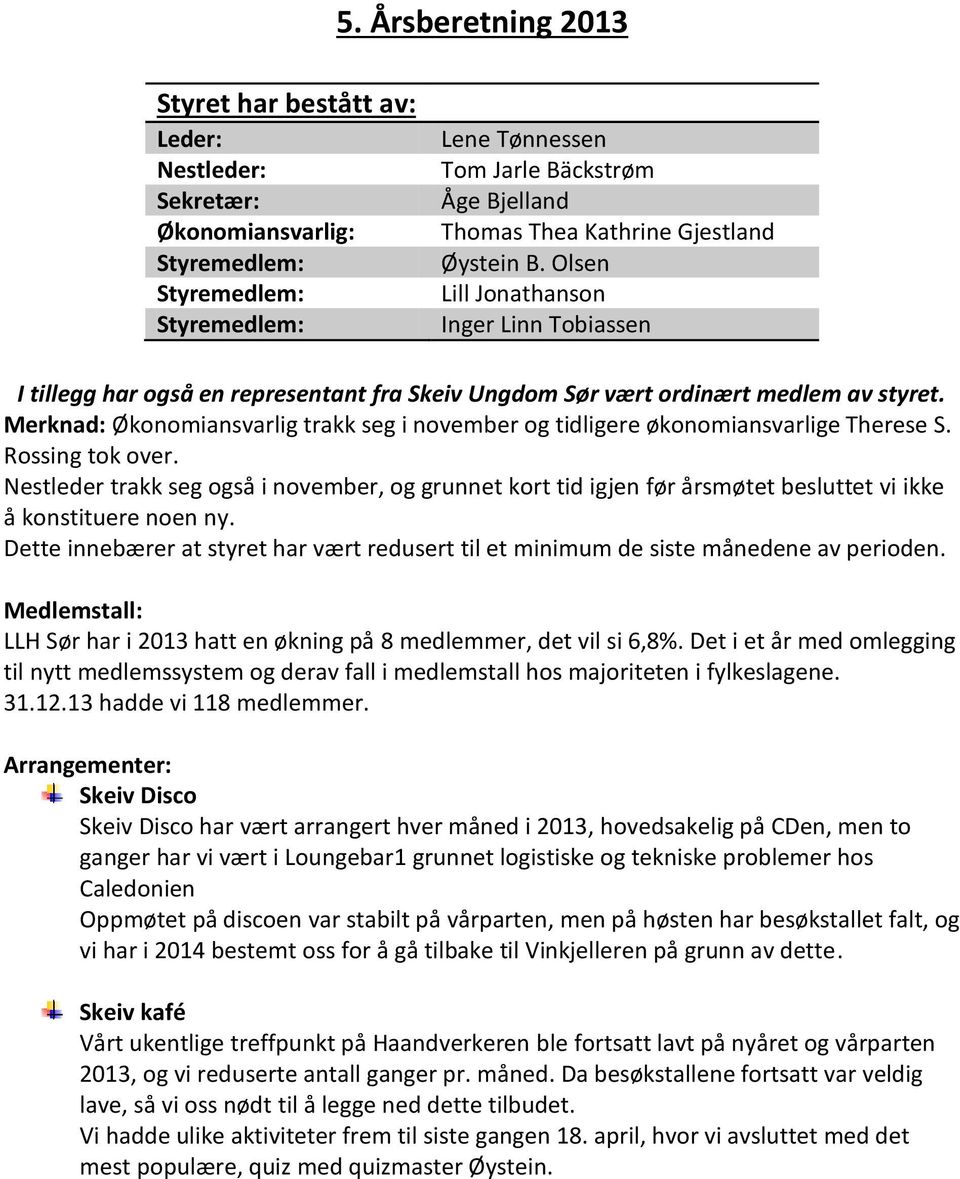 Merknad: Økonomiansvarlig trakk seg i november og tidligere økonomiansvarlige Therese S. Rossing tok over.