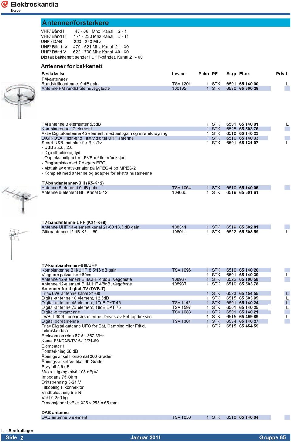 Pris L FM-antenner Rundstråleantenne, 0 db gain TSA 1201 1 STK 6501 65 140 00 L Antenne FM rundstråle m/veggfeste 100192 1 STK 6530 65 500 29 FM antenne 3 elementer 5,5dB 1 STK 6501 65 140 01 L