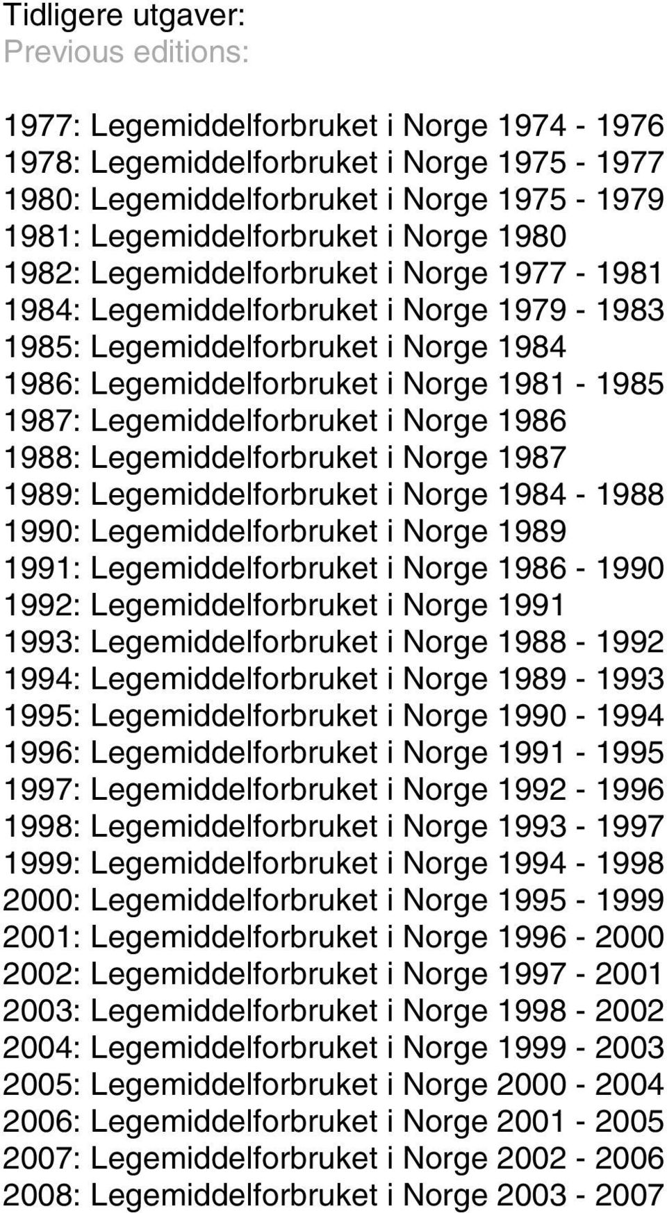 Legemiddelforbruket i Norge 1986 1988: Legemiddelforbruket i Norge 1987 1989: Legemiddelforbruket i Norge 1984-1988 1990: Legemiddelforbruket i Norge 1989 1991: Legemiddelforbruket i Norge 1986-1990