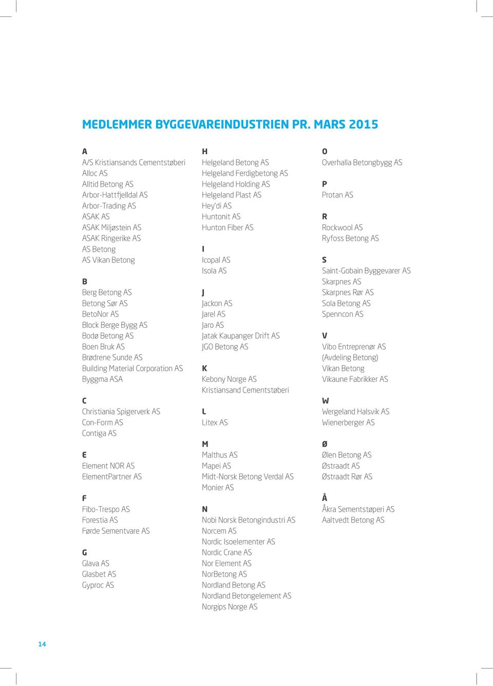 Betong Sør AS BetoNor AS Block Berge Bygg AS Bodø Betong AS Boen Bruk AS Brødrene Sunde AS Building Material Corporation AS Byggma ASA C Christiania Spigerverk AS Con-Form AS Contiga AS E Element NOR