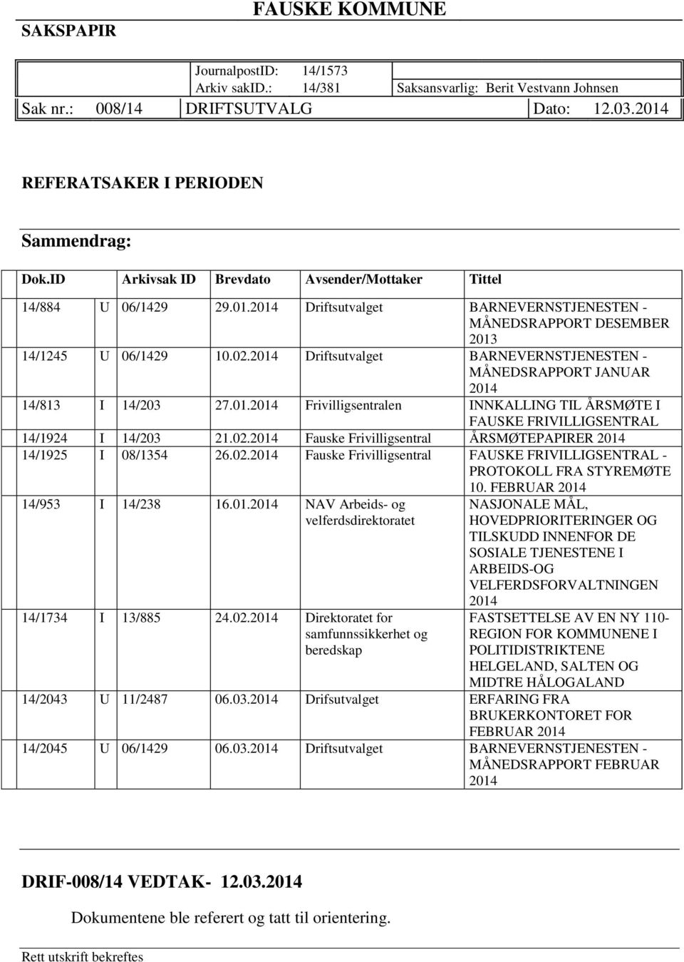 2014 Driftsutvalget BARNEVERNSTJENESTEN - MÅNEDSRAPPORT JANUAR 2014 14/813 I 14/203 27.01.2014 Frivilligsentralen INNKALLING TIL ÅRSMØTE I FAUSKE FRIVILLIGSENTRAL 14/1924 I 14/203 21.02.