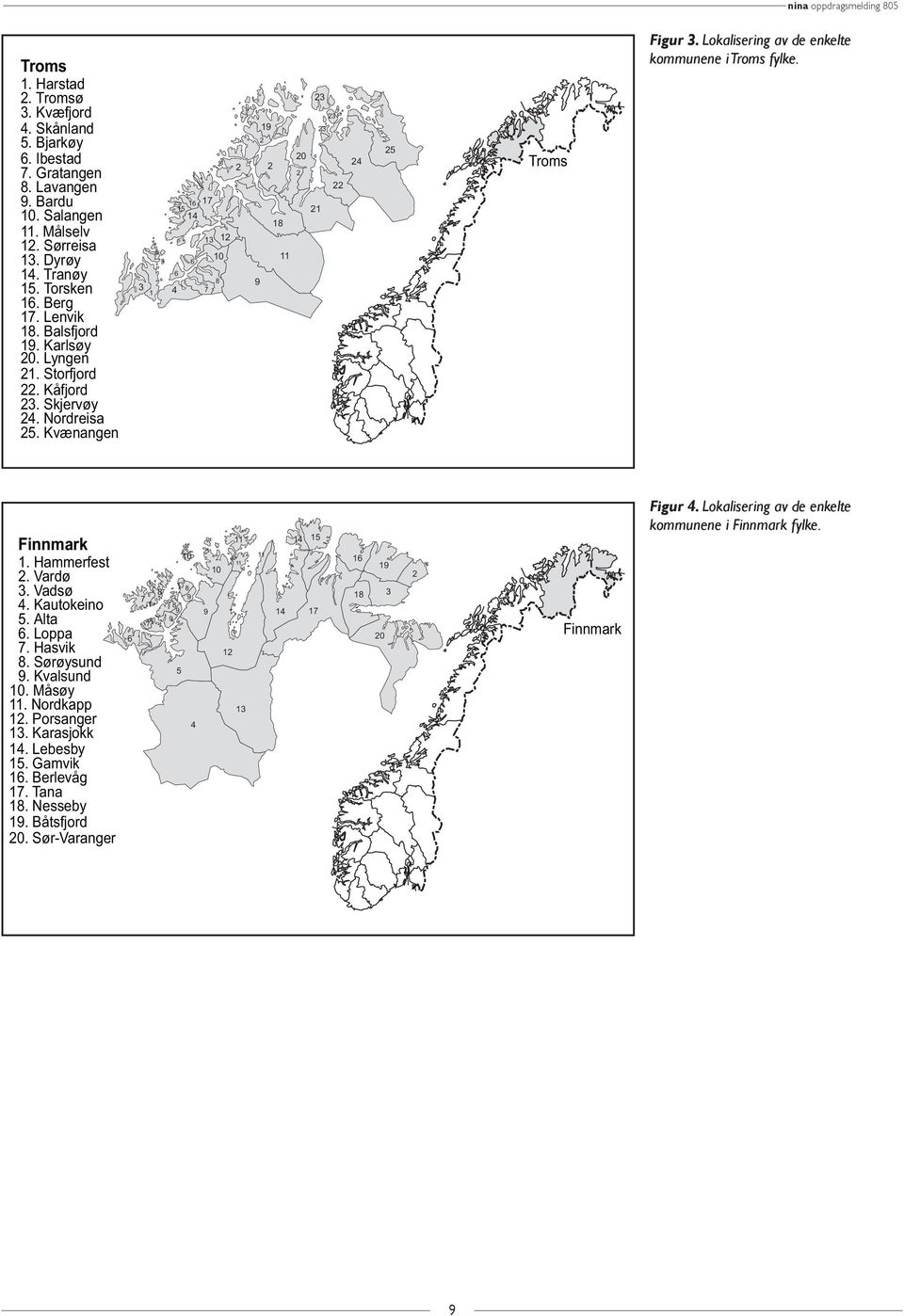 Kvænangen 3 1 5 2 17 15 16 14 13 12 10 6 6 8 4 7 23 23 19 23 2 20 2 2 22 21 18 11 9 24 25 Troms Figur 3. Lokalisering av de enkelte kommunene i Troms fylke. Finnmark 1. Hammerfest 2. Vardø 3. Vadsø 4.