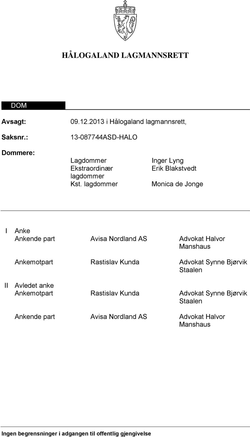 lagdommer Inger Lyng Erik Blakstvedt Monica de Jonge I Anke Ankende part Avisa Nordland AS Advokat Halvor Manshaus Ankemotpart