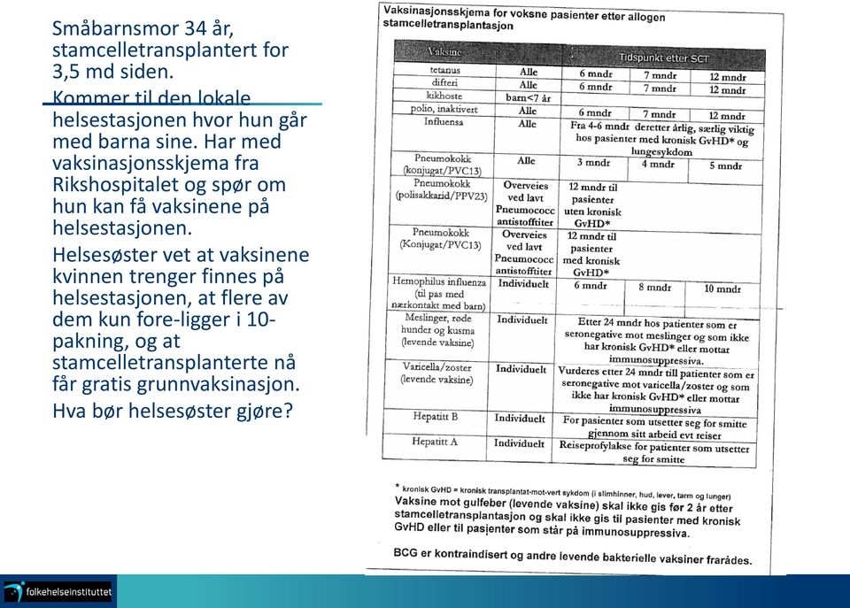 Har med vaksinasjonsskjema fra Rikshospitalet og spør om hun kan få vaksinene på helsestasjonen.