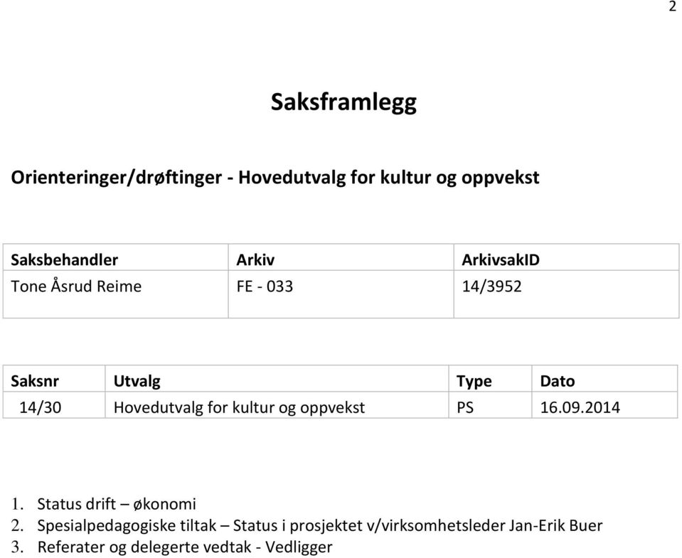 for kultur og oppvekst PS 16.09.2014 1. Status drift økonomi 2.