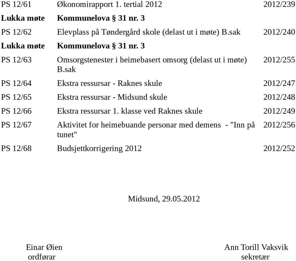 sak 2012/255 PS 12/64 Ekstra ressursar - Raknes skule 2012/247 PS 12/65 Ekstra ressursar - Midsund skule 2012/248 PS 12/66 Ekstra ressursar 1.