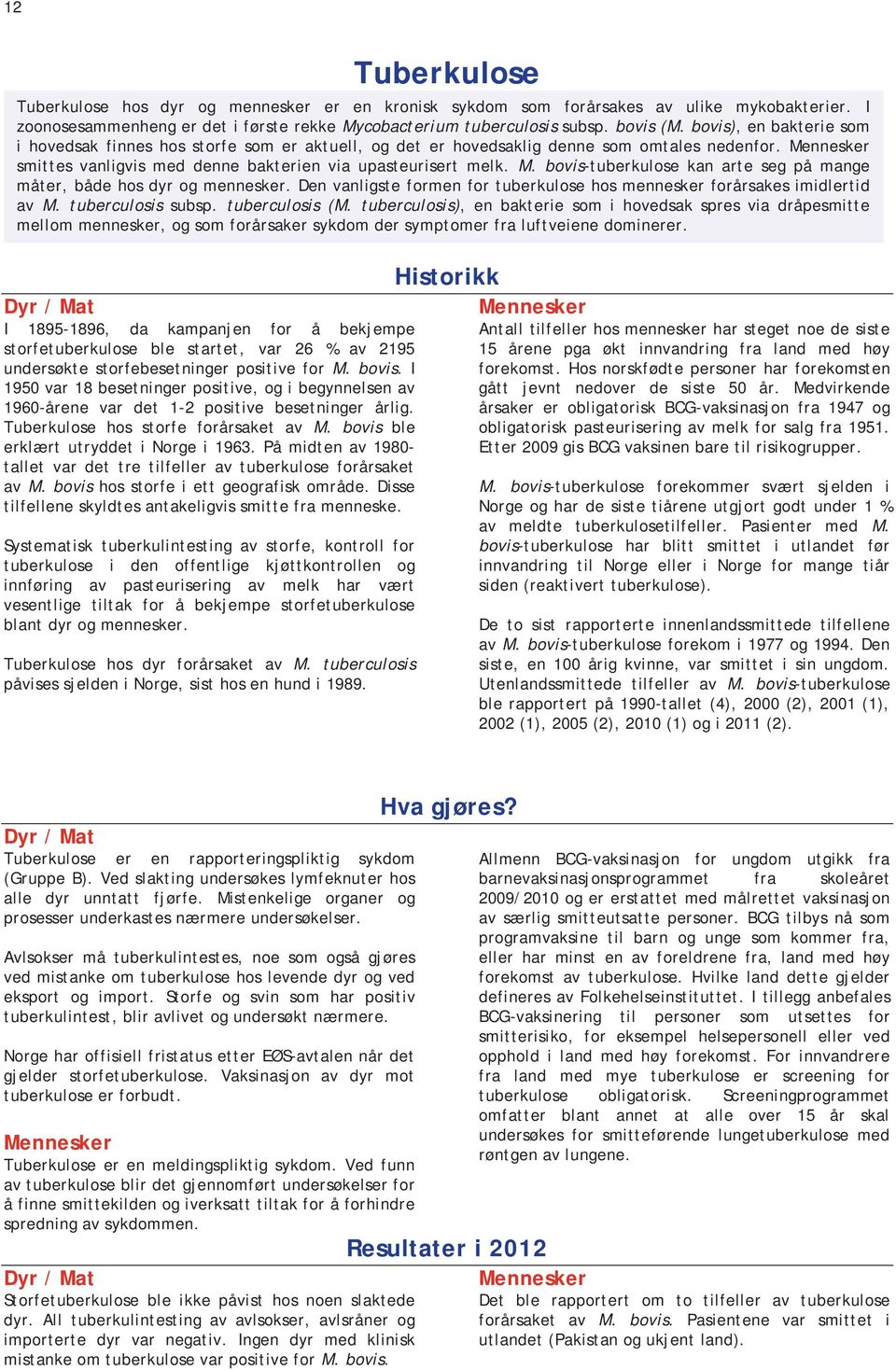 bovis-tuberkulose kan arte seg på mange måter, både hos dyr og mennesker. Den vanligste formen for tuberkulose hos mennesker forårsakes imidlertid av M. tuberculosis subsp. tuberculosis (M.