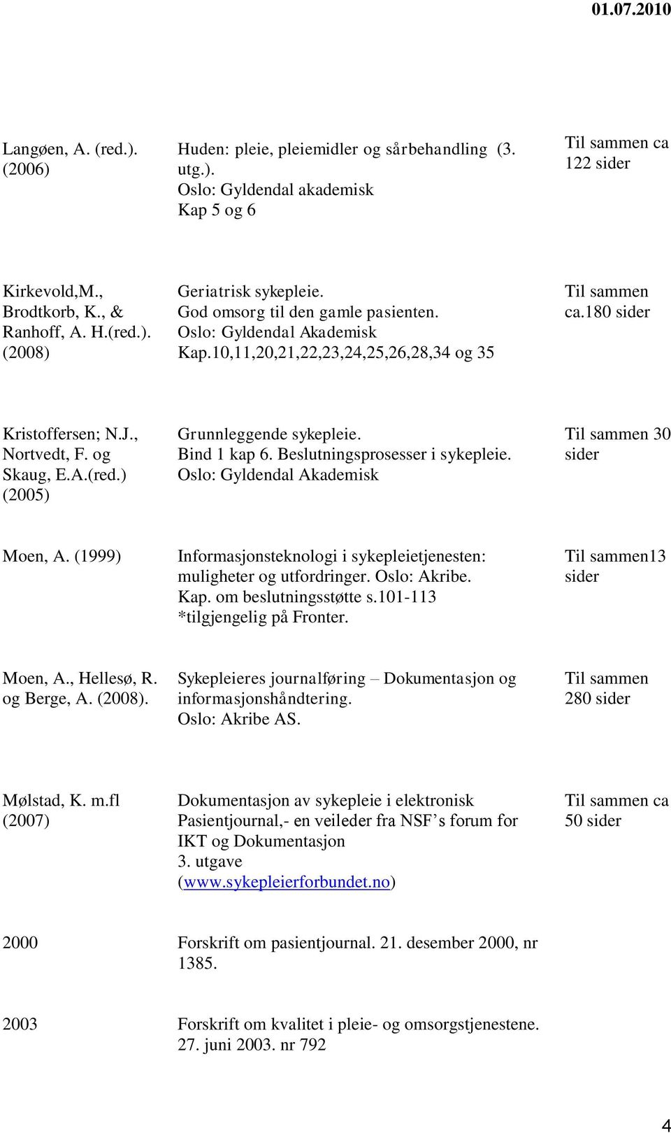 Beslutningsprosesser i sykepleie. 30 Moen, A. (1999) Informasjonsteknologi i sykepleietjenesten: muligheter og utfordringer. Oslo: Akribe. Kap. om beslutningsstøtte s.101-113 *tilgjengelig på Fronter.