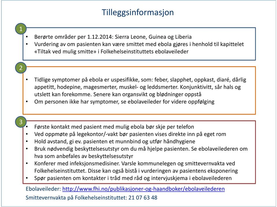 symptomer på ebola er uspesifikke, som: feber, slapphet, oppkast, diaré, dårlig appetitt, hodepine, magesmerter, muskel-og leddsmerter. Konjunktivitt, sår hals og utslett kan forekomme.