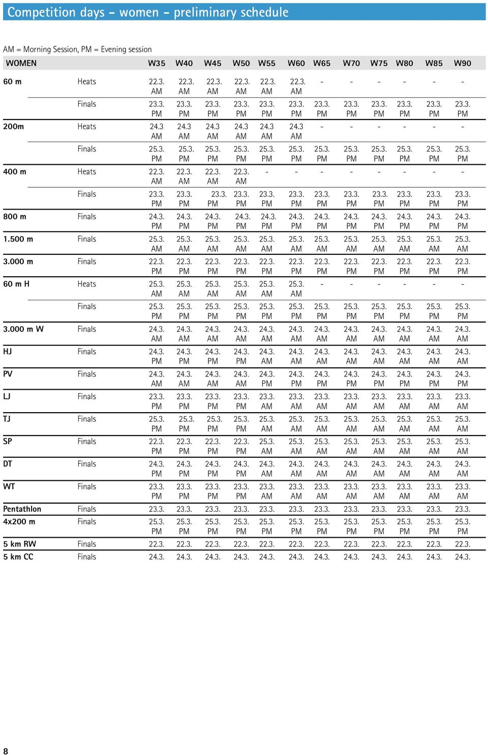 3. 22.3. 22.3. 22.3. - - - - - - - - AM AM AM AM Finals 23.3. 23.3. 23.3. 23.3. 23.3. 23.3. 23.3. 23.3. 23.3. 23.3. 23.3. 23.3. 800 m Finals 24.3. 24.3. 24.3. 24.3. 24.3. 24.3. 24.3. 24.3. 24.3. 24.3. 24.3. 24.3. 1.