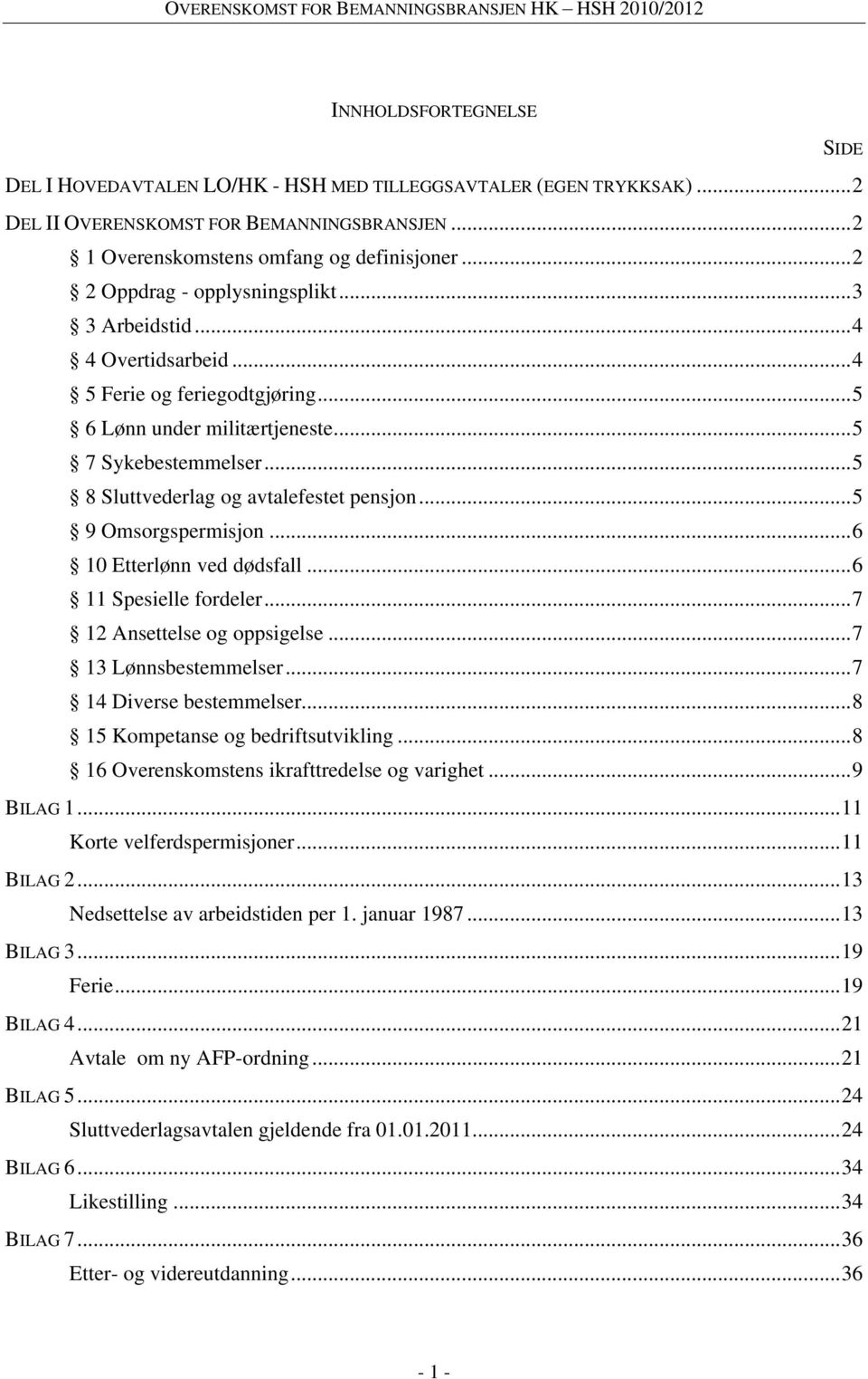 ..5 8 Sluttvederlag og avtalefestet pensjon...5 9 Omsorgspermisjon...6 10 Etterlønn ved dødsfall...6 11 Spesielle fordeler...7 12 Ansettelse og oppsigelse...7 13 Lønnsbestemmelser.