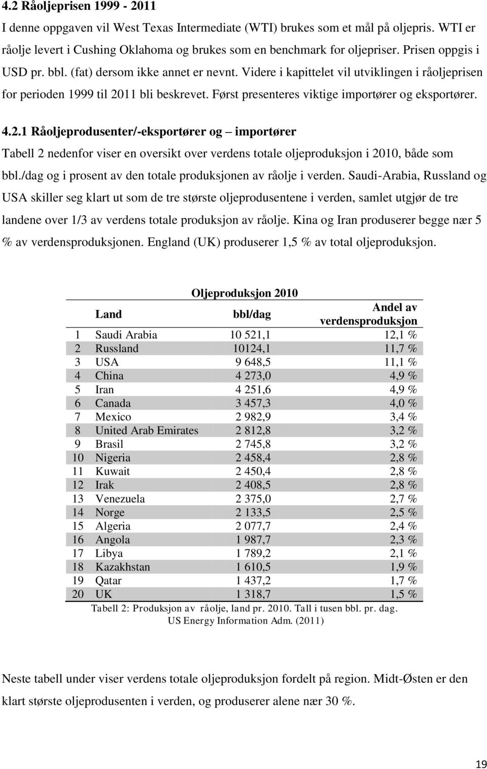 Først presenteres viktige importører og eksportører. 4.2.1 Råoljeprodusenter/-eksportører og importører Tabell 2 nedenfor viser en oversikt over verdens totale oljeproduksjon i 2010, både som bbl.