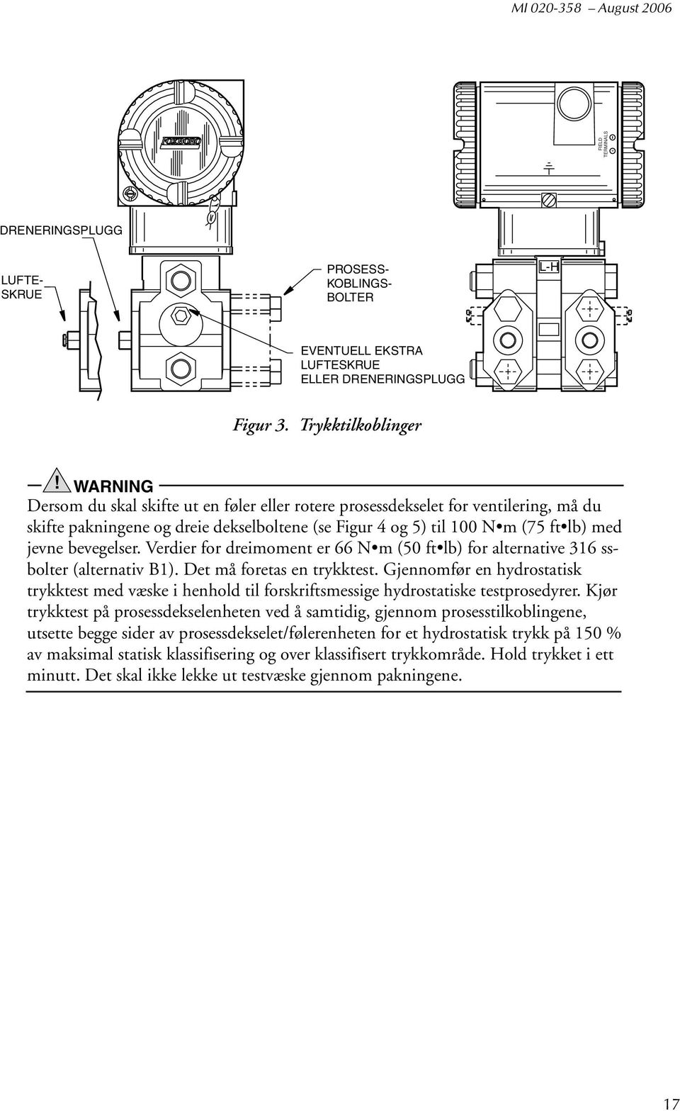 bevegelser. Verdier for dreimoment er 66 N m (50 ft lb) for alternative 316 ssbolter (alternativ B1). Det må foretas en trykktest.