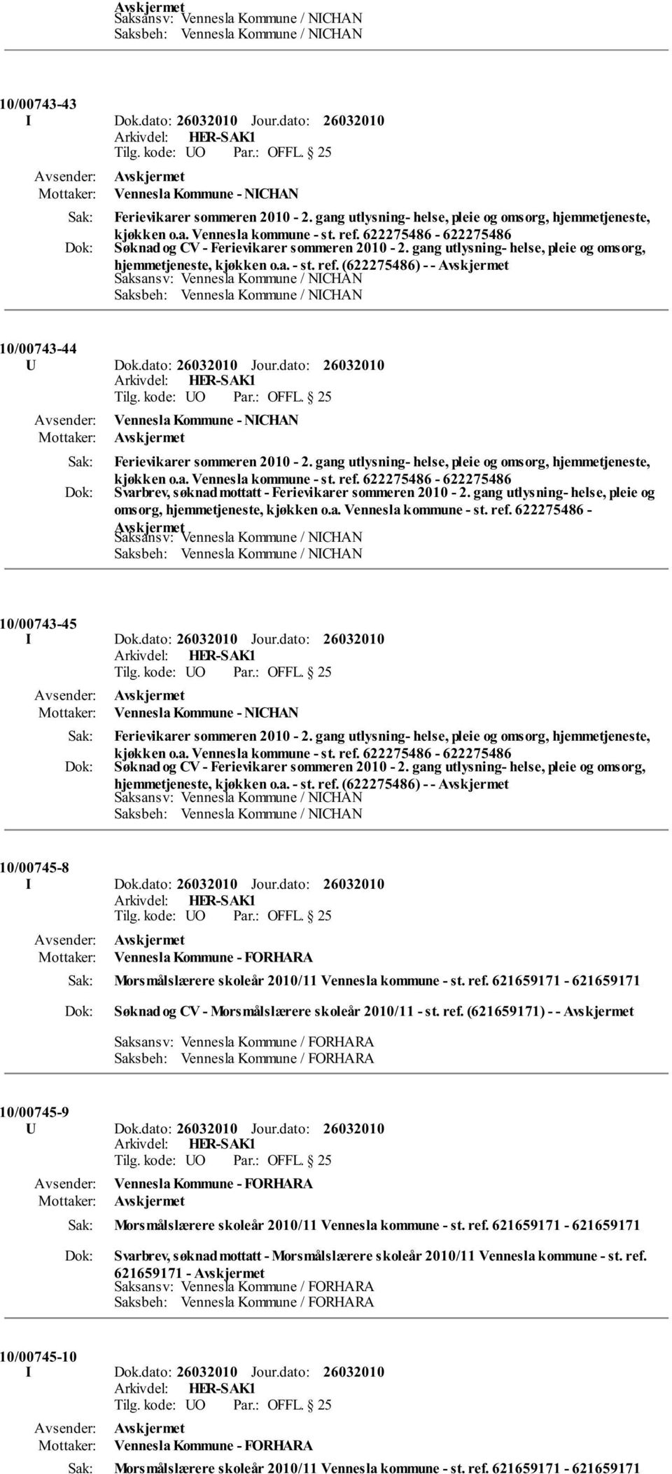 dato: Vennesla Kommune - NICHAN Ferievikarer sommeren 2010-2. gang utlysning- helse, pleie og omsorg, hjemmetjeneste, kjøkken o.a. Vennesla kommune - st. ref.