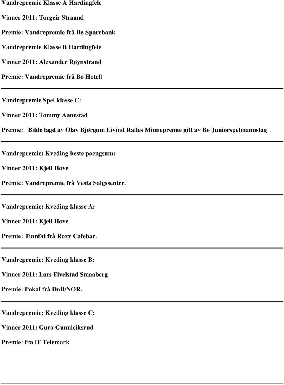 Vandrepremie: Kveding beste poengsum: Vinner 2011: Kjell Hove Premie: Vandrepremie frå Vesta Salgssenter.