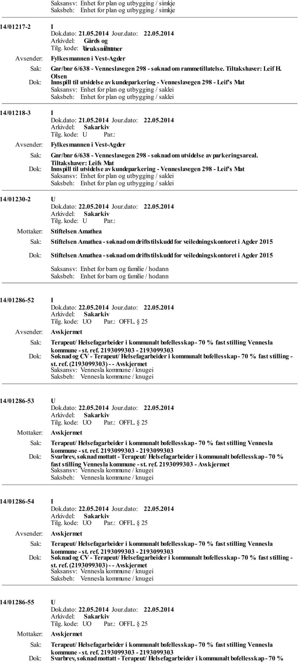 Olsen Innspill til utvidelse av kundeparkering - Venneslavegen 298 - Leif's Mat Saksansv: Enhet for plan og utbygging / saklei Saksbeh: Enhet for plan og utbygging / saklei 14/01218-3 I Fylkesmannen