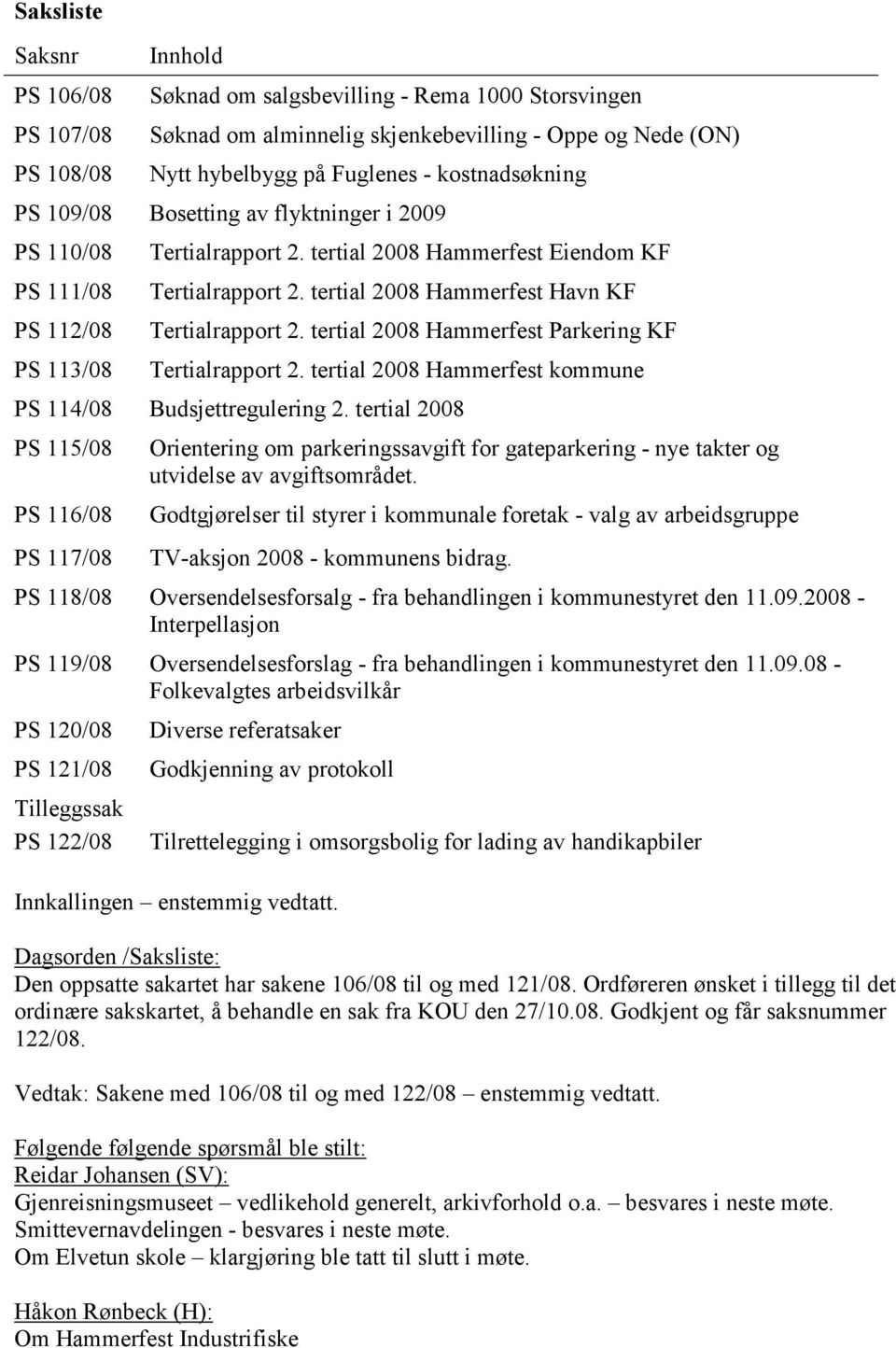 tertial 2008 Hammerfest Havn KF Tertialrapport 2. tertial 2008 Hammerfest Parkering KF Tertialrapport 2. tertial 2008 Hammerfest kommune PS 114/08 Budsjettregulering 2.