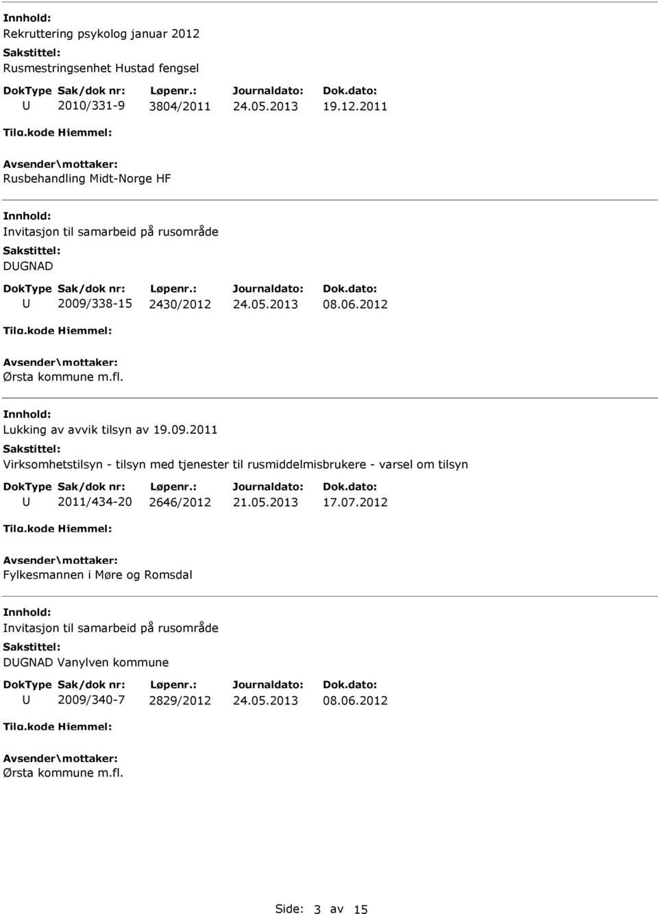 2011 Rusbehandling Midt-Norge HF nvitasjon til samarbeid på rusområde DGNAD 2009/338-15 2430/2012 08.06.2012 Ørsta kommune m.fl.