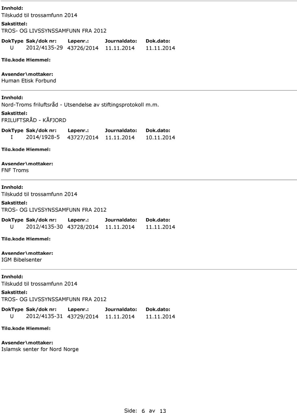 m. FRLFTSRÅD - KÅFJORD 2014/1928-5 43727/2014 FNF Troms TROS- OG LVSSYNSSAMFNN FRA 2012