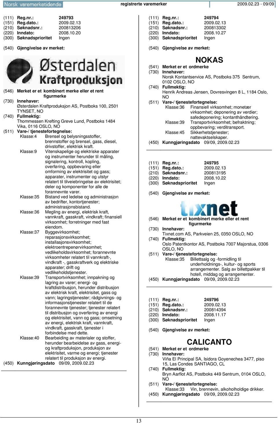 20 (546) Merket er et kombinert merke eller et rent figurmerke Østerdalen Kraftproduksjon AS, Postboks 100, 2501 TYNSET, Thommessen Krefting Greve Lund, Postboks 1484 Vika, 0116 OSLO, Klasse:4