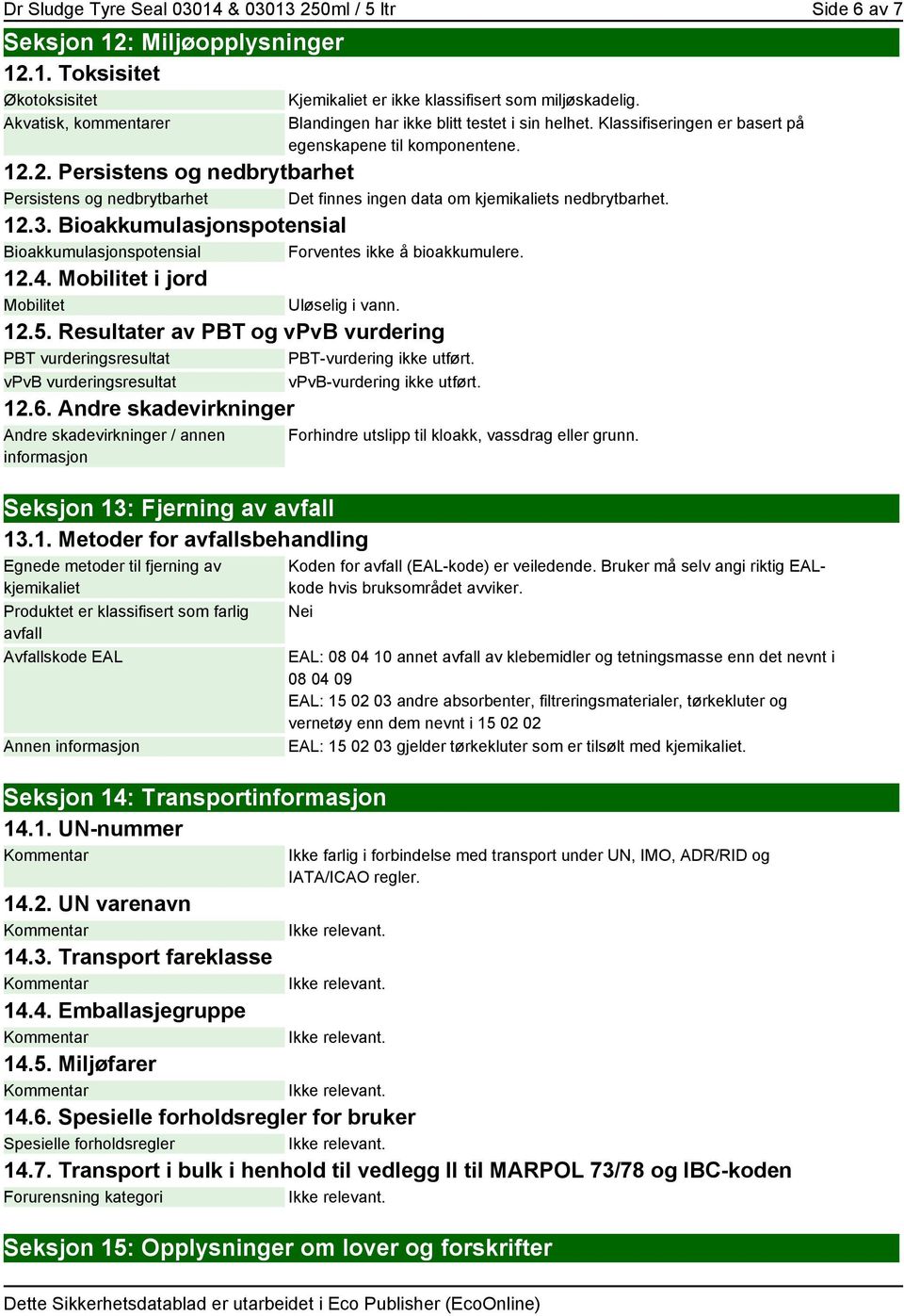 2. Persistens og nedbrytbarhet Persistens og nedbrytbarhet Det finnes ingen data om kjemikaliets nedbrytbarhet. 12.3.