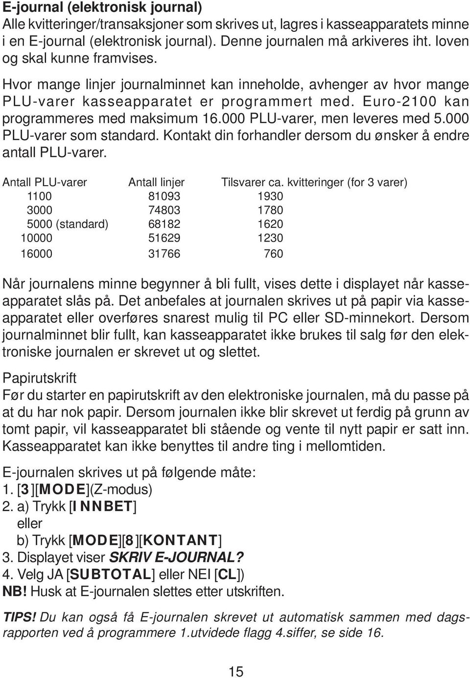 000 PLU-varer, men leveres med 5.000 PLU-varer som standard. Kontakt din forhandler dersom du ønsker å endre antall PLU-varer. Antall PLU-varer Antall linjer Tilsvarer ca.