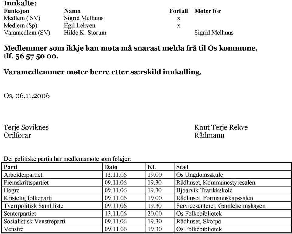 2006 Terje Søviknes Ordførar Knut Terje Rekve Rådmann Dei politiske partia har medlemsmøte som følgjer: Parti Dato Kl. Stad Arbeiderpartiet 12.11.06 19.00 Os Ungdomsskule Fremskrittspartiet 09.11.06 19.30 Rådhuset, Kommunestyresalen Høgre 09.