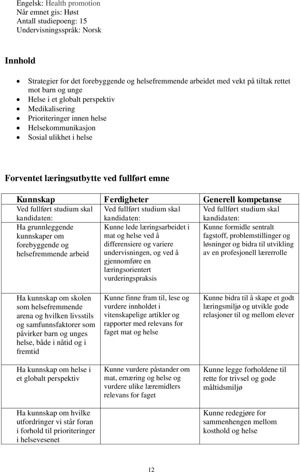 kompetanse Ha grunnleggende kunnskaper om forebyggende og helsefremmende arbeid Kunne lede læringsarbeidet i mat og helse ved å differensiere og variere undervisningen, og ved å gjennomføre en