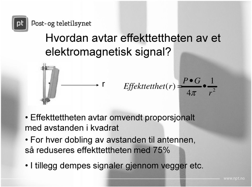 proporsjonalt med avstanden i kvadrat For hver dobling av avstanden til