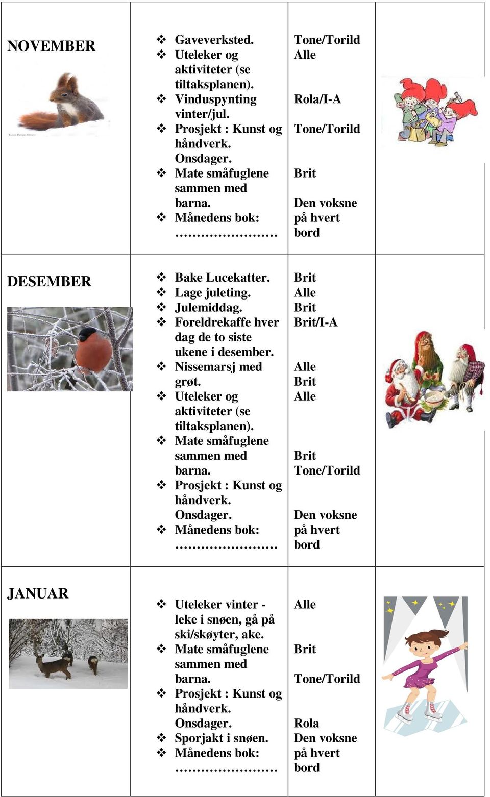 Foreldrekaffe hver dag de to siste ukene i desember. Nissemarsj med grøt. aktiviteter (se tiltaksplanen).