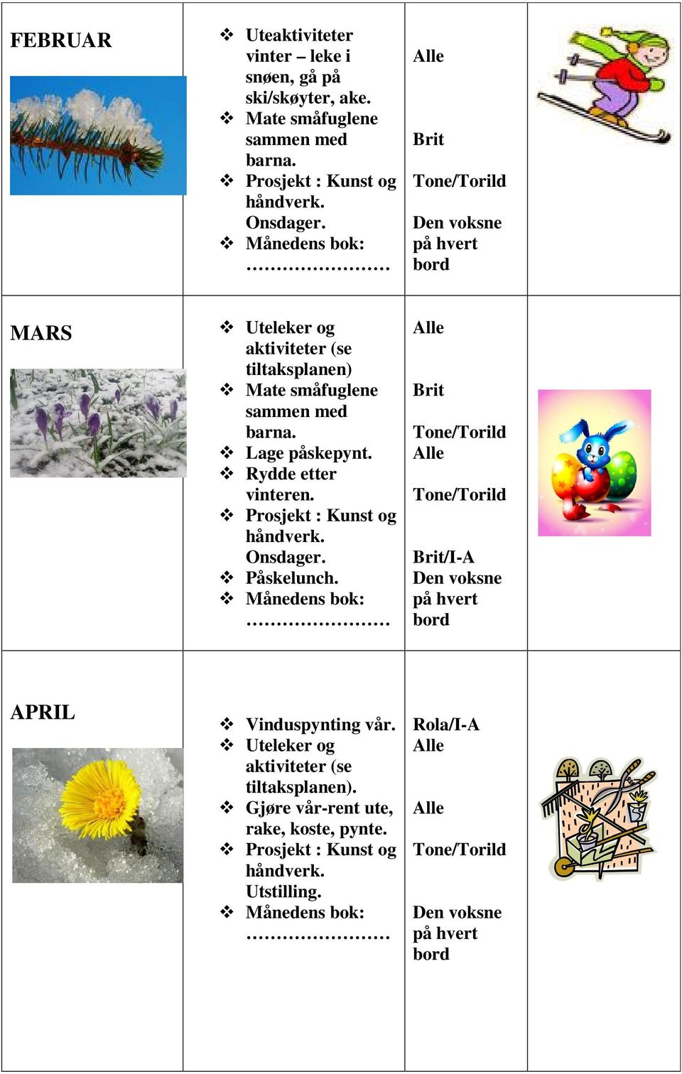 MARS aktiviteter (se tiltaksplanen) Mate småfuglene sammen med barna. Lage påskepynt.