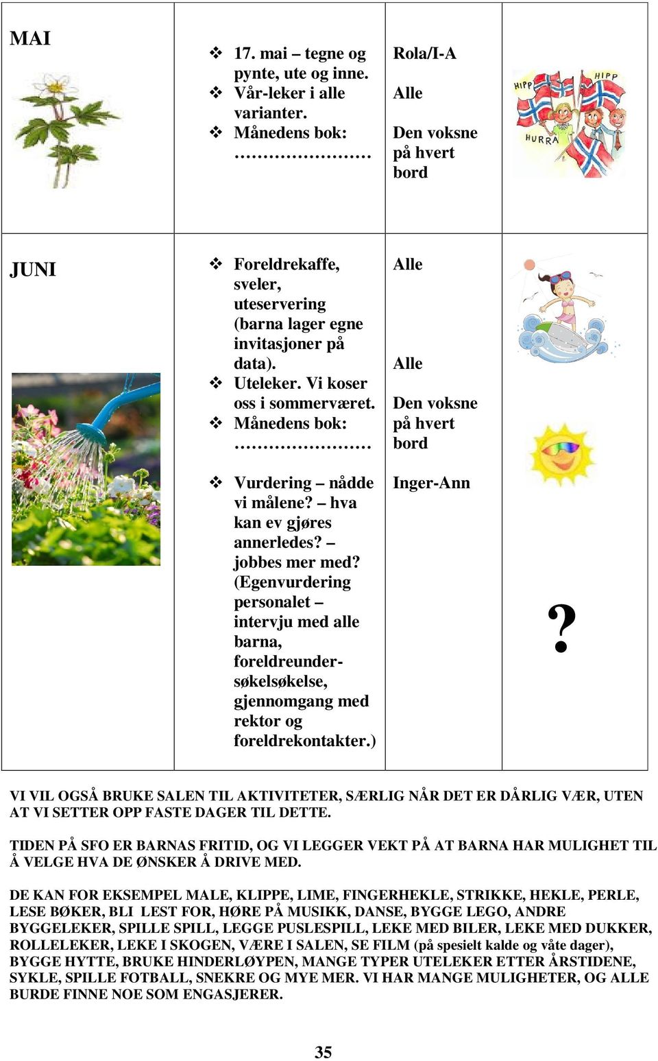 ) Inger-Ann? VI VIL OGSÅ BRUKE SALEN TIL AKTIVITETER, SÆRLIG NÅR DET ER DÅRLIG VÆR, UTEN AT VI SETTER OPP FASTE DAGER TIL DETTE.