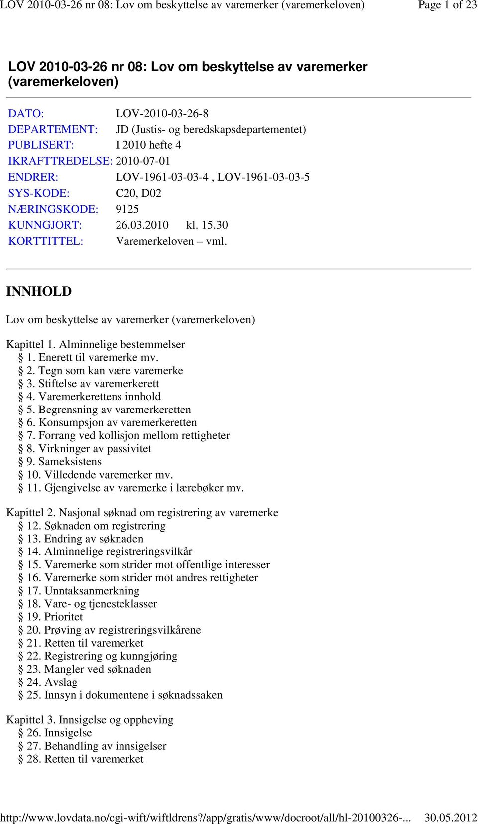 INNHOLD Lov om beskyttelse av varemerker (varemerkeloven) Kapittel 1. Alminnelige bestemmelser 1. Enerett til varemerke mv. 2. Tegn som kan være varemerke 3. Stiftelse av varemerkerett 4.