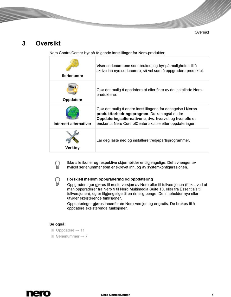 Gjør det mulig å endre innstillingene for deltagelse i Neros produktforbedringsprogram. Du kan også endre Oppdateringsalternativene, dvs.