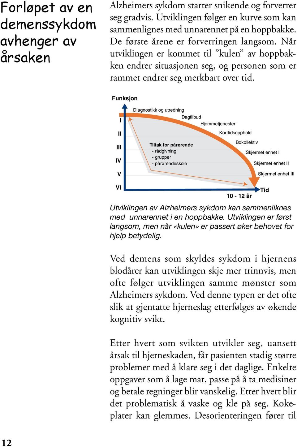 Funksjon I II III IV V Diagnostikk og utredning Tiltak for pårørende - rådgivning - grupper - pårørendeskole rendeskole Dagtilbud Hjemmetjenester Korttidsopphold Bokollektiv Skjermet enhet I Skjermet