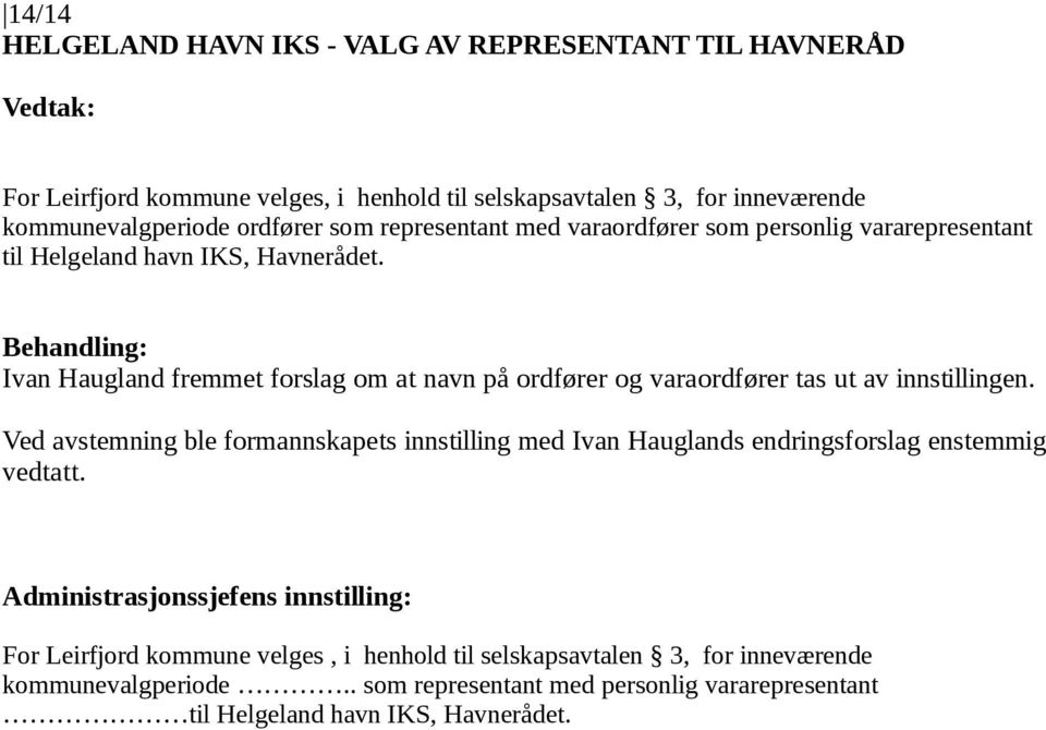 Ivan Haugland fremmet forslag om at navn på ordfører og varaordfører tas ut av innstillingen.