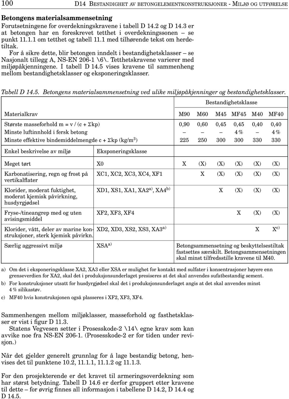 For å sikre dette, blir betongen inndelt i bestandighetsklasser se Nasjonalt tillegg A, NS-EN 206-1 \6\. Tetthetskravene varierer med miljøpåkjenningene. I tabell D 14.