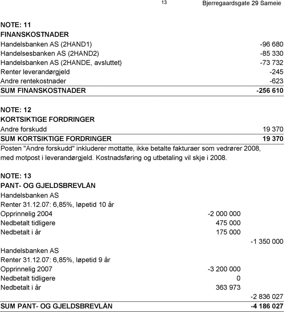 2008, med motpost i leverandørgjeld. Kostnadsføring og utbetaling vil skje i 2008. NOTE: 13 PANT- OG GJELDSBREVLÅN Handelsbanken AS Renter 31.12.