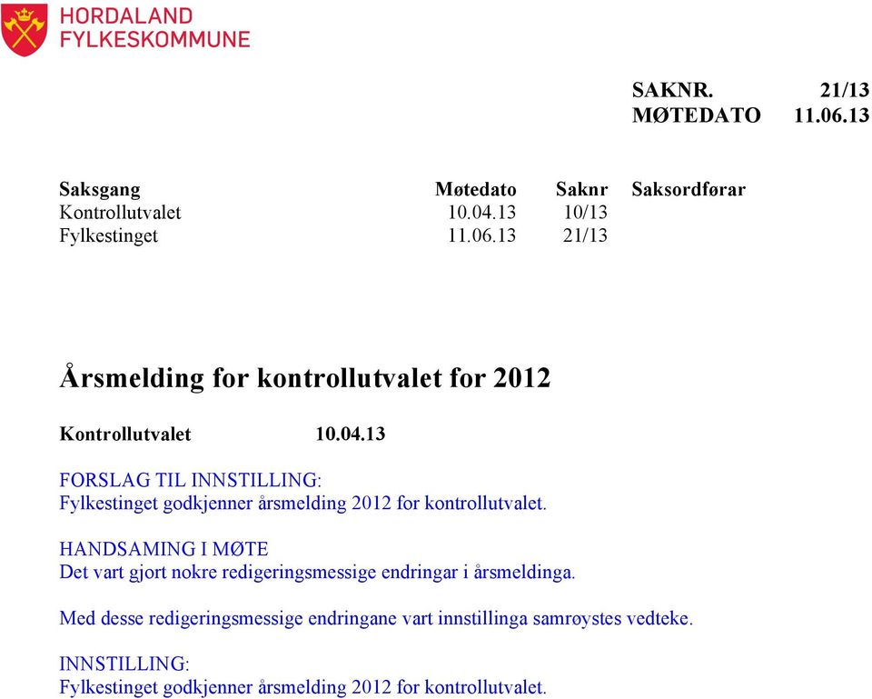 13 FORSLAG TIL INNSTILLING: Fylkestinget godkjenner årsmelding 2012 for kontrollutvalet.