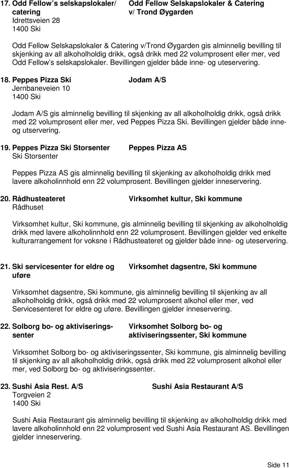 Peppes Pizza Ski Jodam A/S Jernbaneveien 10 Jodam A/S gis alminnelig bevilling til skjenking av all alkoholholdig drikk, også drikk med 22 volumprosent eller mer, ved Peppes Pizza Ski.