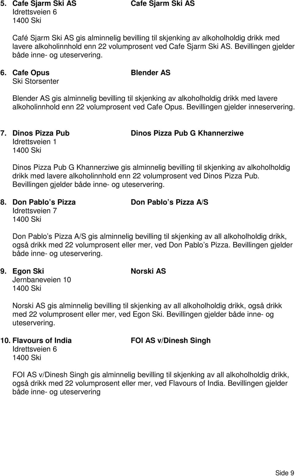 Cafe Opus Blender AS Ski Storsenter Blender AS gis alminnelig bevilling til skjenking av alkoholholdig drikk med lavere alkoholinnhold enn 22 volumprosent ved Cafe Opus.