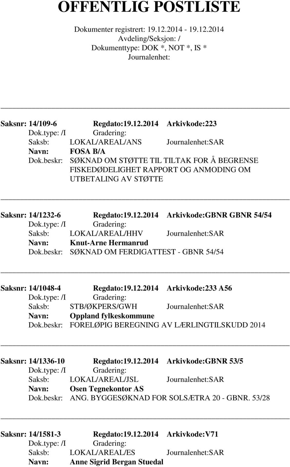 2-6 Regdato:19.12.2014 Arkivkode:GBNR GBNR 54/54 Saksb: LOKAL/AREAL/HHV SAR Knut-Arne Hermanrud Dok.beskr: SØKNAD OM FERDIGATTEST - GBNR 54/54 Saksnr: 14/1048-4 Regdato:19.12.2014 Arkivkode:233 A56 Saksb: STB/ØKPERS/GWH SAR Oppland fylkeskommune Dok.