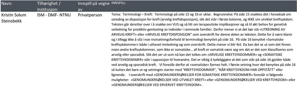 Teksten går deretter over i å snakke om VUS og så litt om terapeutiske implikasjoner og så til økt behov for genetisk veiledning for prediktiv gentesting av individer i rammede familier.